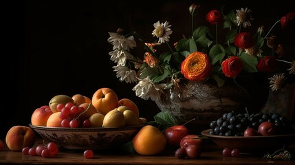 Obraz na płótnie Canvas arrangement of fruit and flowers with the warm light and deep shadows generative ai
