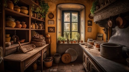 Obraz na płótnie Canvas Lovely cozy Kitchen stocked with groceries and herbs stock illustration generative ai