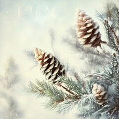 christmas background with fir tree branches and cones.