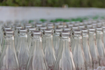 Empty glass bottles waiting for cleaning in factory to fill with drink.