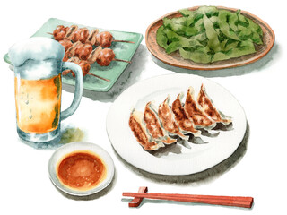 アナログ水彩ジョッキビール焼餃子焼き鳥枝豆