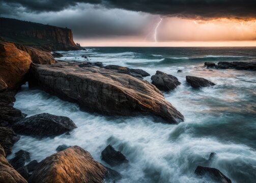 Dark storm sky above the sea, waves and water splashes. Dramatic cloudscape. Nature, environment, fickle weather, climate change. Atmospheric scenery. Panoramic view, long exposure. Generative AI © orelphoto