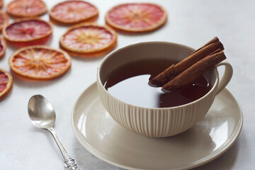 a mug of tea is on the table