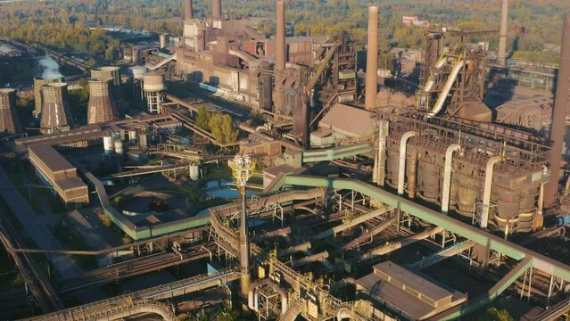 Smelter with blast furnaces from above in autumn afternoon. Heavy industry plant.