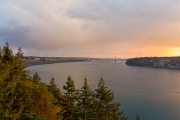 Fototapeta premium Aerial view of the Tacoma Narrows at sunset