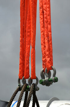 Fluro slings and U-Bolts suspended from a crane prior to a big lift