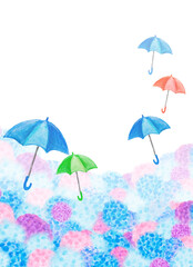 Fototapeta na wymiar 紫陽花と雨傘、梅雨をイメージした背景イラスト