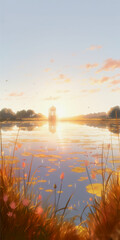 Fototapeta na wymiar Sunrise in the Lake with Anime Style Wallpaper. Generative AI.