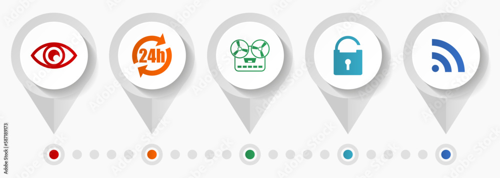 Leinwandbilder Media icon set, miscellaneous pointer icons such as eye, 24h, music recorder, padlock and signal for webdesign and mobile applications, flat design infographic vector template in eps 10