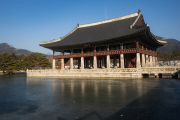 Gyeongbokgung Palace and Gyeonghoeru Pavilion and around during winter morning at Jongno-gu , Seoul South Korea : 8 February 2023