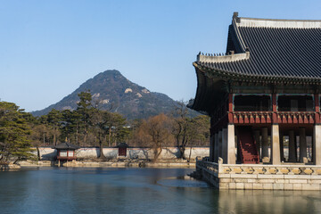 Gyeongbokgung Palace and Gyeonghoeru Pavilion and around during winter morning at Jongno-gu , Seoul South Korea : 8 February 2023