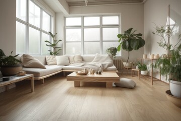 Fototapeta na wymiar Contemporary white and beige hardwood living room. Fabric couch, parquet floor, window, and decors. Japanese interiors. Generative AI