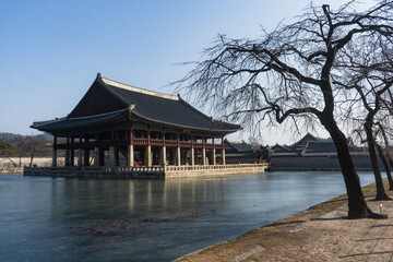 Gyeongbokgung Palace and Gyeonghoeru Pavilion and around during winter morning at Jongno-gu , Seoul South Korea : 8 February 2023