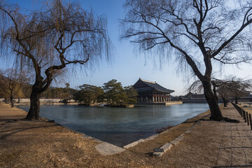 Gyeongbokgung Palace and Gyeonghoeru Pavilion and around during winter morning at Jongno-gu , Seoul South Korea : 8 February 2023 - obrazy, fototapety, plakaty