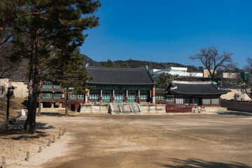 Gyeongbokgung Palace and Jibokjae hall during winter morning at Jongno-gu , Seoul South Korea : 8 February 2023