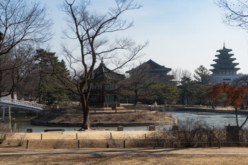 Gyeongbokgung Palace and The National Folk Museum of Korea during winter morning at Jongno-gu , Seoul South Korea : 8 February 2023