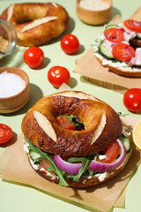 Concept of delicious food - tasty bagel sandwich