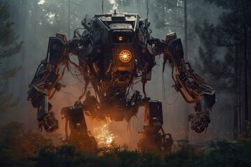 colossal robot towering over a lush green forest. Generative AI