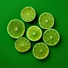 Lime fruit in slices, isolated on a green background. Sliced fresh limes, Generative AI.