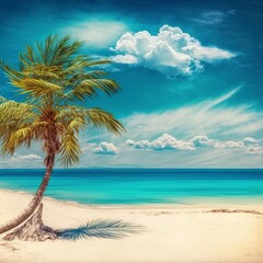 Fototapeta na wymiar lovely seascape On a hot, sunny day, a tropical beach with yellow sand and a palm tree slanting toward the ocean's turquoise sea is seen. cloudy sky that is blue. Summertime getaway ,Generative AI.