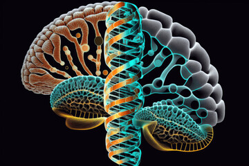 Brain With A Dna Strand, Representing Genetics. Generative AI