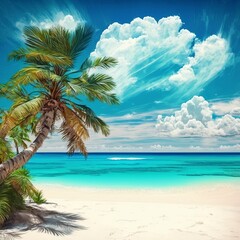 Fototapeta na wymiar lovely seascape On a hot, sunny day, a tropical beach with yellow sand and a palm tree slanting toward the ocean's turquoise sea is seen. cloudy sky that is blue. Summertime getaway ,Generative AI.