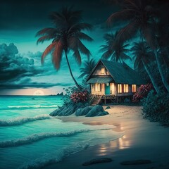 lovely seascape Tropical beach with white sand a cottage with a palm tree and turquoise water at dusk. Summertime getaway ,Generative AI.