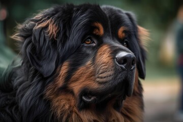 Fototapeta premium A close up of a Tibetan Mastiff Dog at the park. Selective attention. Generative AI