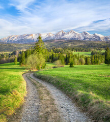 Fototapeta premium Countryside road in foothills of the Tatras mountains, Poland. 