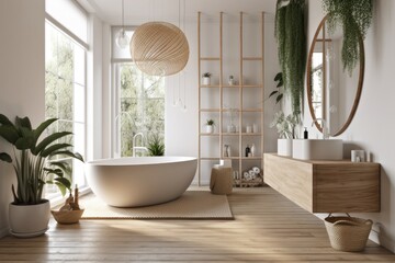 Elegant bathroom with white and beige walls, white basin with oval mirror, bathtub, shower, plants, and dark parquet floor. Modern minimalist bathroom. Generative AI - obrazy, fototapety, plakaty