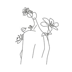 Abstract Woman Body with Flowers Line Art Drawing. Female Back with Flowers Line Drawing Minimalist Style. Woman Elegant Figure Continuous One Line Abstract Drawing. Vector Illustration