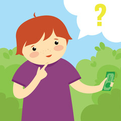 Cute boy with money and question mark. Vector cartoon illustration.