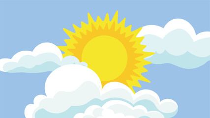 Fototapeta premium Sunny sky with clouds and sun. Vector illustration in cartoon style.