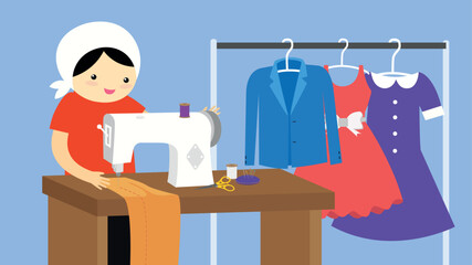 Vector illustration of a seamstress with a sewing machine and clothes.