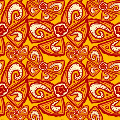 Ornate complex repaeted pattern with bow in red and orange colours.