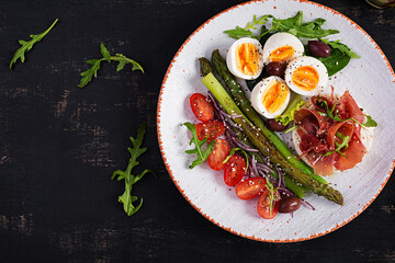 Fototapeta na wymiar Keto breakfast. Fried asparagus with boiled eggs and toast with prosciutto or jamon. Ketogenic diet. Healthy food. Top view, flat lay