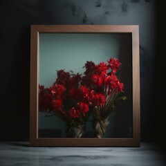 Red flowers in a frame, solitary ,Generative AI.