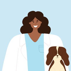 Happy veterinarian with a happy dog. Animal care vector illustration. Flat style. African girl vet doctor. World Veterinary Day.