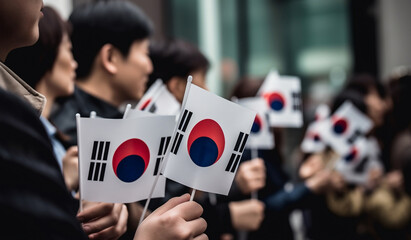 Fototapeta premium People hold flags in a street, one of which says south korea.