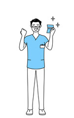 預金通帳を見て喜ぶ中年・シニア男性看護師、理学療法士、作業療法士、言語聴覚士、看護助手