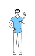 仕事でスマホを使う中年・シニア男性看護師、理学療法士、作業療法士、言語聴覚士、看護助手