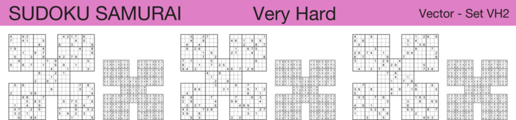 A set of 3 very hard scalable sudoku Samurai puzzles suitable for kids, adults and seniors and ready for web use, or to be compiled into a standard or large print activity book.