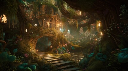Fantasy enchanted fairy tale forest with magical opening. Created with Generative AI. - obrazy, fototapety, plakaty