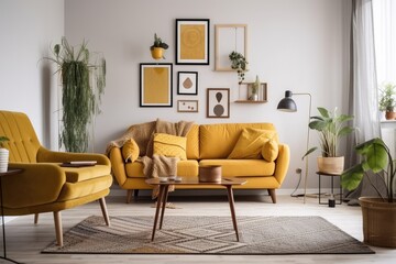 Vintage and scandi living room with yellow couch, faux poster frame, coffee table, plants, commode, cushions, decorating, and stylish personal items. Template. coziness. Generative AI