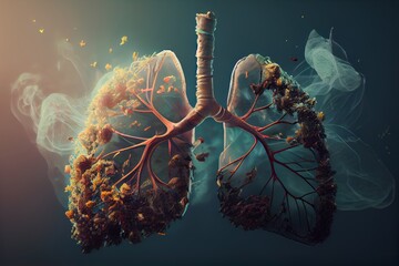 Toxic human lung on dark background. Illness, lung cancer and lung disease. Smoking and health issue concept. Generative AI Technology