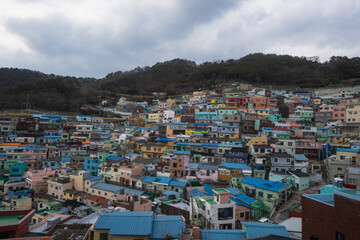 Gamcheon Culture Village with colorful houses murals shops and cafe during winter afternoon at Saha-gu , Busan  South Korea : 9 February 2023