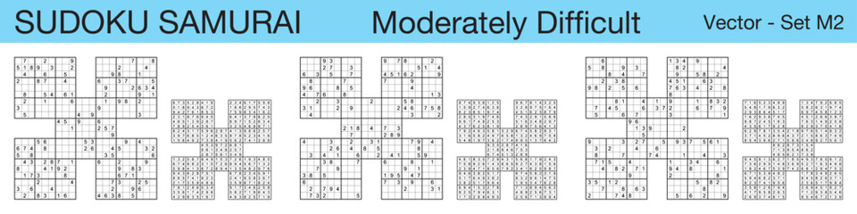 A set of 3 moderately difficult scalable sudoku Samurai puzzles suitable for kids, adults and seniors and ready for web use, or to be compiled into a standard or large print activity book.