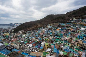 Gamcheon Culture Village with colorful houses murals shops and cafe during winter afternoon at Saha-gu , Busan  South Korea : 9 February 2023