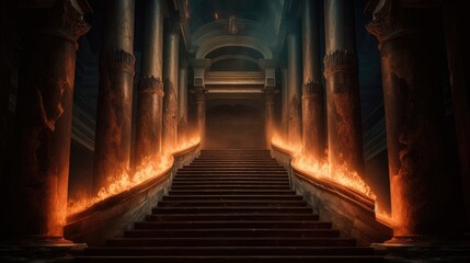 The eternal fire dark atmospheric landscape with stairs. generative AI.