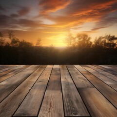 Naklejka na ściany i meble Sunset background and a wooden tabletop that is empty ,Generative AI.